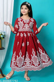 Indian embroidered net polyester kids' gown, traditional ethnic wear for festivals or special occasions