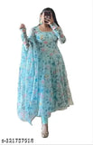 Fancy aqua blue georgette gown with dupatta, faux georgette, printed, full sleeve, cotton by crepe. Indian-made party dress set for women