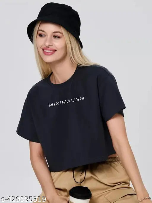 Black cotton printed crop tops, loose-fit and drop-shoulder design, perfect for women's and girls' casual wear. Half sleeve, round neck, moisture-wicking fabric, ideal for workouts or daily use. Made in India