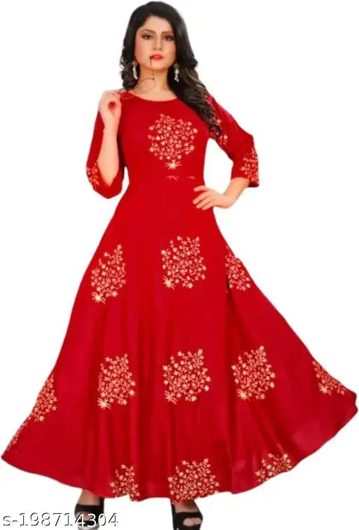 Red Rayon Three-Quarter Sleeve Anarkali Kurti for Women, attractive self-design pattern, ideal for parties originating from India" (120 characters)