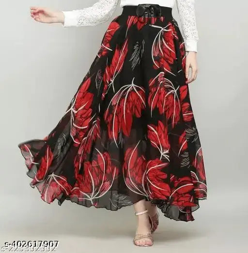 Red and black floral print skirt, long skirt, women's skirts, girls skirts