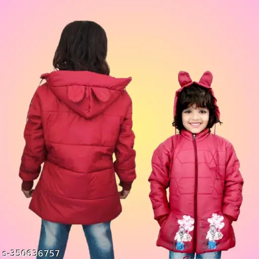 Red and black puffy jacket with hood, suitable for children