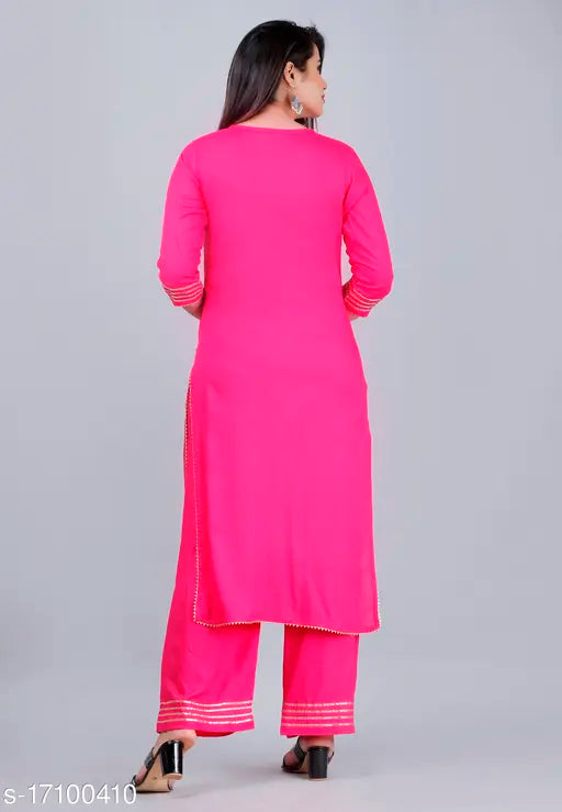 Rayon Gota Work Kurta Plazzo Set, solid pattern Indian women's rayon kurta with pants in three-quarter sleeves