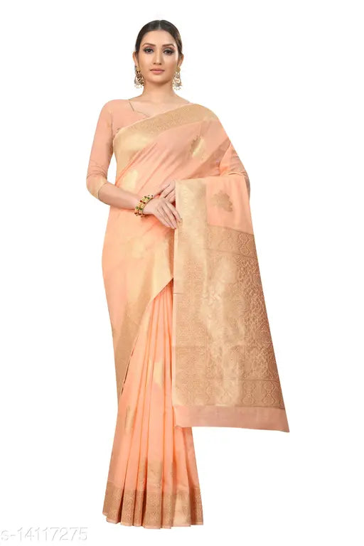 Pure cotton Banarasi Zari woven saree, vibrant design on free size saree and running blouse, handcrafted Indian tradition