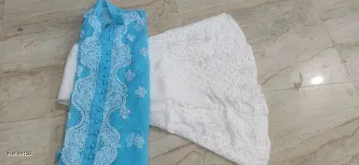 A woman's embroidered chiffon kurta with a sharara. Blue and white color scheme, featuring intricate floral embroidery on the body and sleeves. The kurta is presented flat, showcasing its drape and detailing