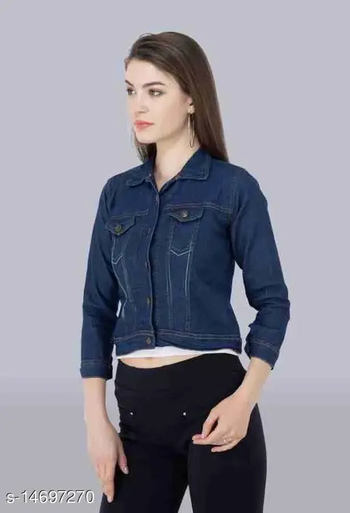 Blue denim jacket for women, solid design with embellished pearl front, new trending style with two pockets, by Saman Fashion Wear (India)