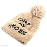 Angura knit beanie cap, black lettering, 'oh my shoes' text, winter wear