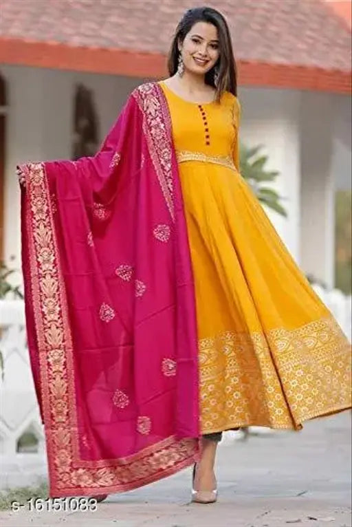 Mustard rayon anarkali printed kameez for women, long sleeves
