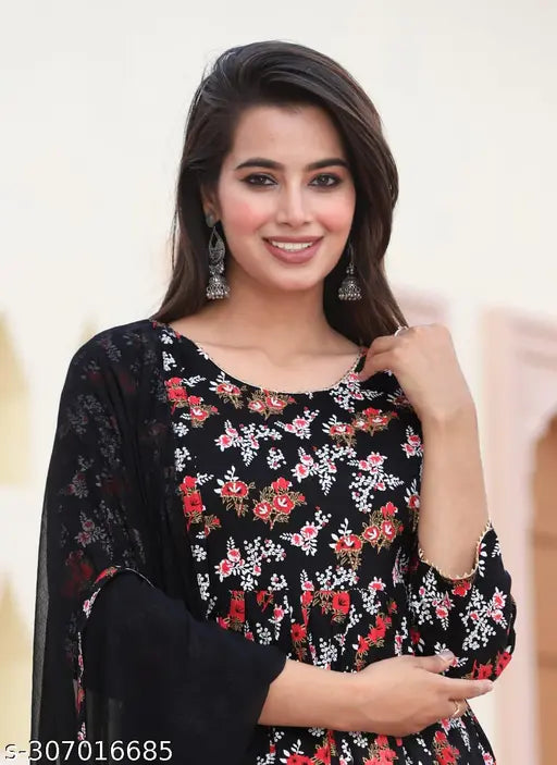 Black rayon floral print kurta, pant & dupatta set (Umbrella Cut), Indian handcrafted rayon fabric with vibrant floral design