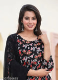 Black rayon floral print kurta, pant & dupatta set (Umbrella Cut), Indian handcrafted rayon fabric with vibrant floral design