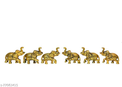 Golden metal elephant figurines (6 pack), symbolizing wisdom, power, and auspiciousness for home decor, each statue measuring 8cm x 6.5cm x 4cm