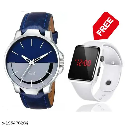 Blue and white wristwatch with a digital display