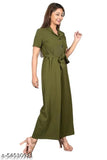 Olive polyester jumpsuit for ladies, casual full length with straight hemline and short sleeves