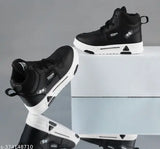Black and white high top sneakers with a black and white logo, casual shoe, rubber sole