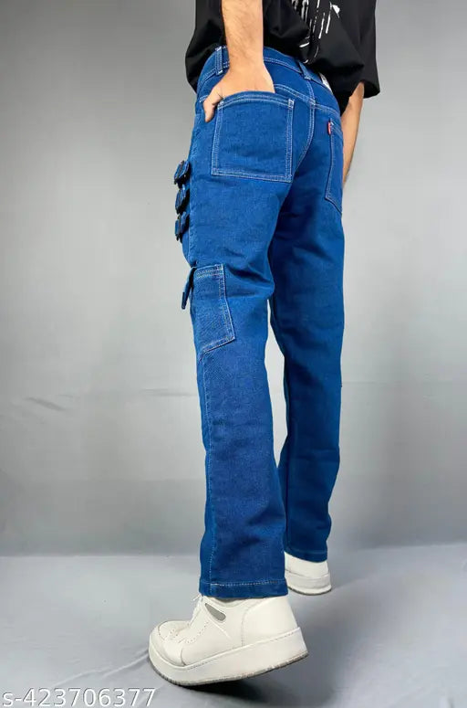Dark Blue baggy cargo Jeans for men - Solid denim, six-pocket design, durable and versatile fit, India origin
