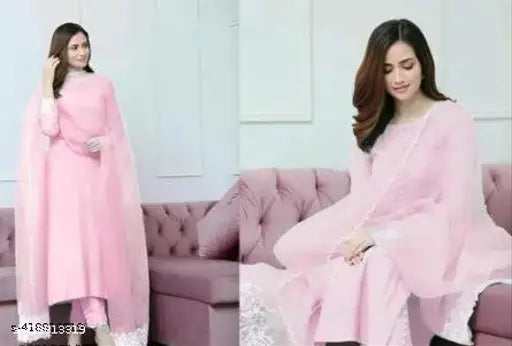 Cotton blend three-quarter sleeve fancy women gown, solid net pattern for M, L, XL sizes (38in, 40in, 42in bust, 36in, 38in, 40in waist, 41in, 43in, 45in hip, 14in, 15in shoulder) - Indian made, 100% best kurti, pent and gown set