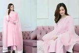 Cotton blend three-quarter sleeve fancy women gown, solid net pattern for M, L, XL sizes (38in, 40in, 42in bust, 36in, 38in, 40in waist, 41in, 43in, 45in hip, 14in, 15in shoulder) - Indian made, 100% best kurti, pent and gown set