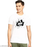 White polyester men's round neck t-shirt with printed graphic, short sleeves [multiple sizes available: S, XL, L, M, XXL]. Made in India