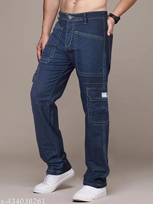 Dark blue cotton blend cargo jeans for men, non-stretchable and stylish party wear. Sizes include 28, 30, 32, 34, 36, 38. Made in India