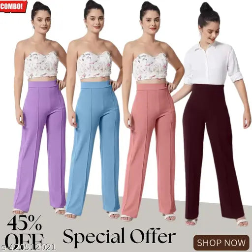 Purple stretch high-waisted bell bottom trousers, black blouse, special offer 40% discount