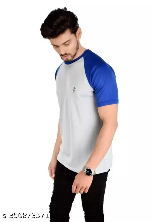 Grey and Royal Blue Colorblocked Men's Polyester T-Shirt on display, size S (36" chest)