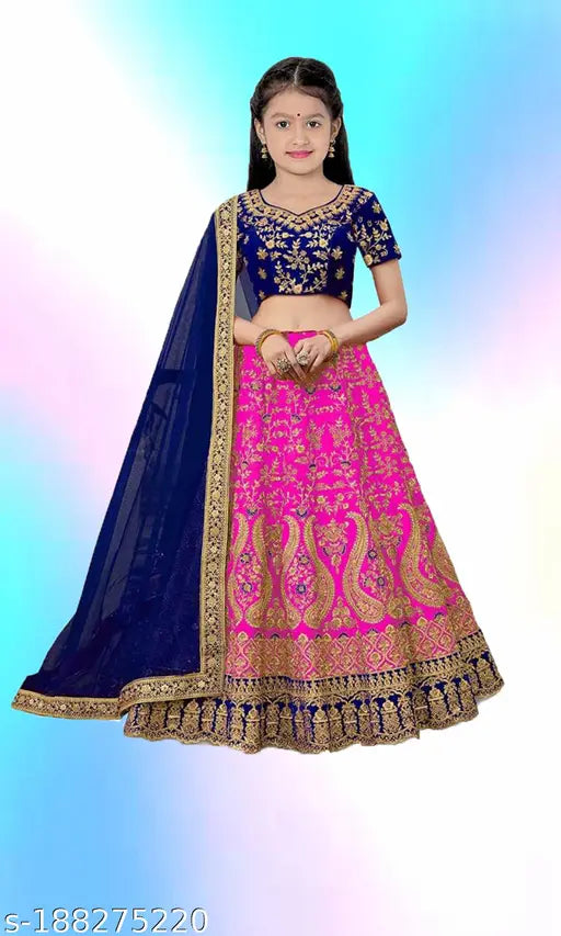 Red and blue designer silk kids lehenga with embroidery, suitable for 12-year-old girls' ethnic wear, Indian origin