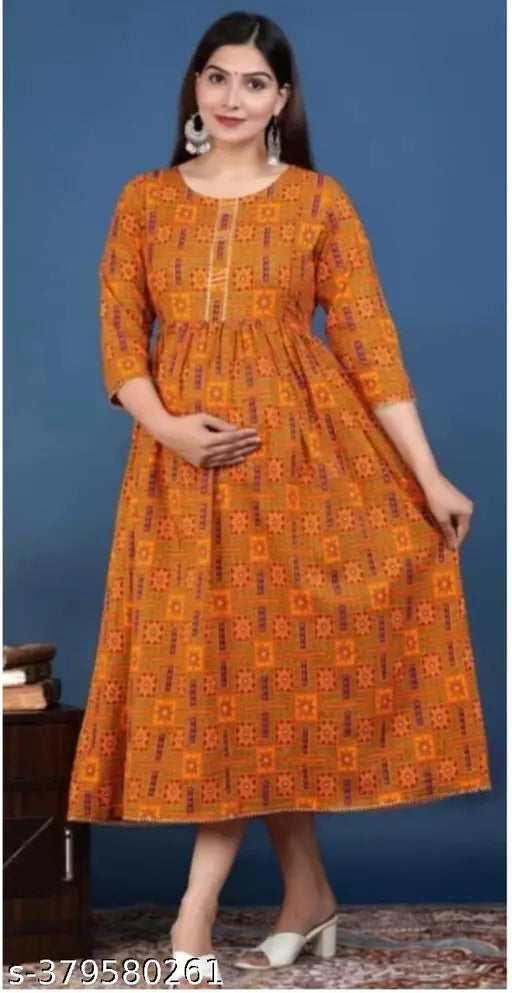 Orange traditional long kameez dress with side pockets