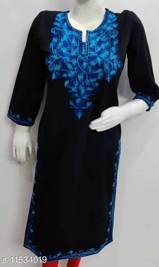 Black woollen kameez, long sleeves, flared design with printed pattern