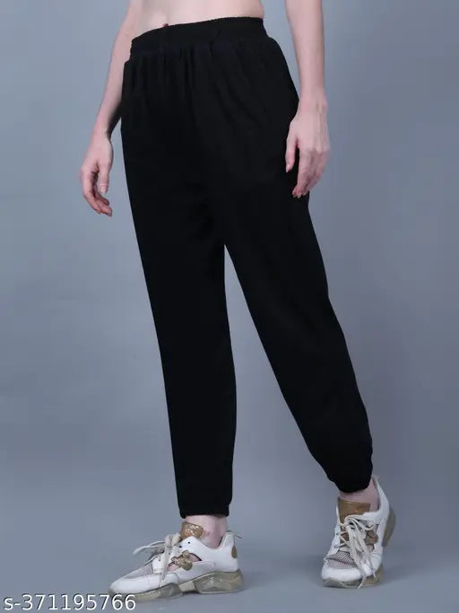 Dark jogger pants, black drawstring waistband