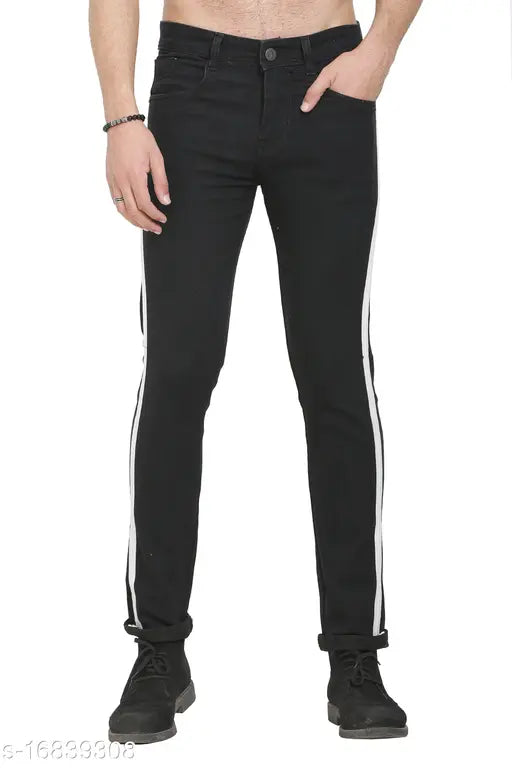 Black polycotton men's side-stripe jeans, solid pattern from Sobbers
