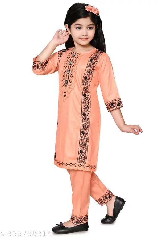 Embroidered Rayon Kurti Pant Set for Girls - Front Button Look, A-line trousers, Indian ethnic wear