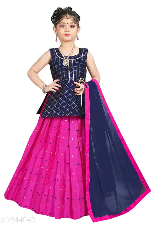 Kids girls festival & wedding wear cotton silk lehenga choli with net dupatta, sleeveless, checked pattern, woven design, stitched net, size 1-16 years, origin India