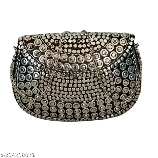 Design craft India metal clutch, circular embellishments, women's sling bag