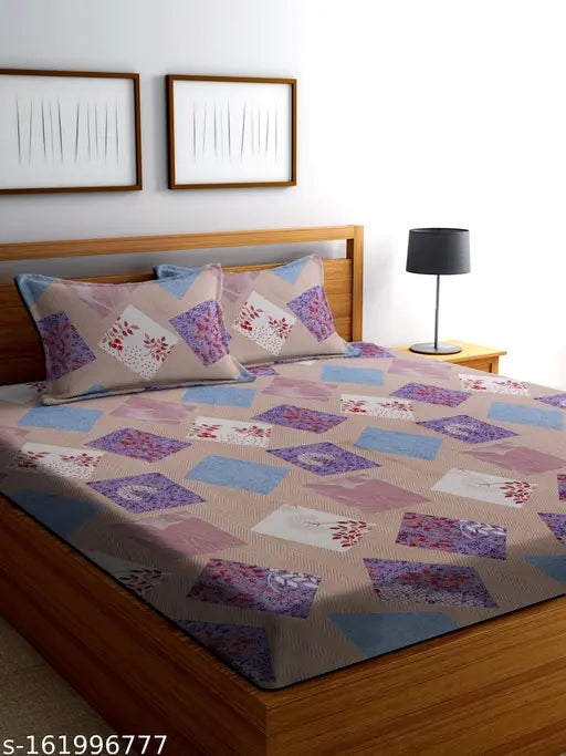 Glace cotton double bed fitted sheets with 2 pillow covers, 72x78 inches, 18x28 inch pillow covers, botanical pattern, regular quality