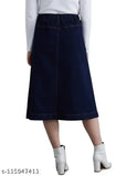 Trendy navy blue denim Western skirt, calf length with multiple buttons and pockets. High-quality denim, versatile color, ideal for casual wear or day-to-day style. Size: 26, 28 (Waist 28", Length 32"), 30 (Waist 30", Length 32"), 32 (Waist 32", Length 32"), 34 (Waist 34", Length 32"), 36 (Waist 36", Length 32"). Made in India