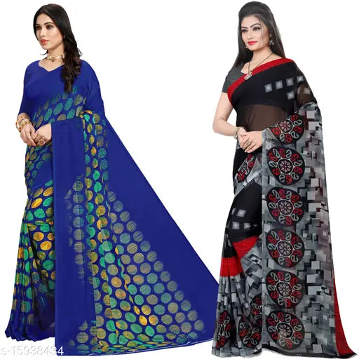 Anand Printed Daily Wear Georgette Saree and Blouse, Blue and Red Designs, Pair Pack of 2