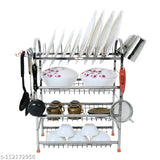 Stainless steel kitchen utensil wall rack with mini chopper and dish rack, containing a plate, cutting board, bowl, spoon, fork, and knife