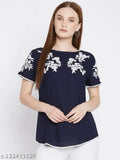 Rayon embroidered top with short sleeves, intricate patterns, multiple colors, XS to XXL sizes, India origin