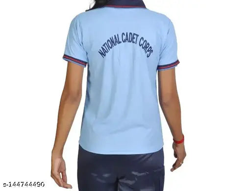 Embroidered net cotton blend short sleeve girls' NCC t-shirt in sky blue, with collar design, button closure, smart grip, left chest pocket, and NCC emblem. 100% ready for rugged use, hand wash only. Made in India