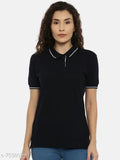 Cotton collared t-shirt for women, solid pattern, short sleeves, size XS (16in bust, 23in length), Made in India