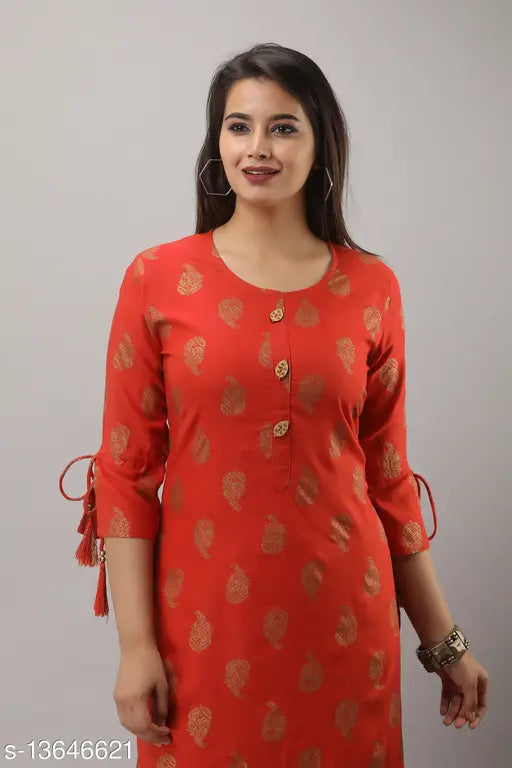 Red rayon printed kurta set