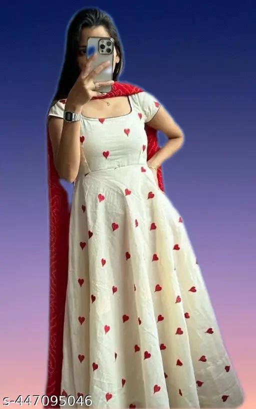 Red hert embroidery flared kurti, short sleeved Georgette women's outfit with dupatta. India-made printed rayon fabric kurti for ladies