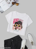 White polyester crop top with printed net design for girls, short sleeves and round neck style
