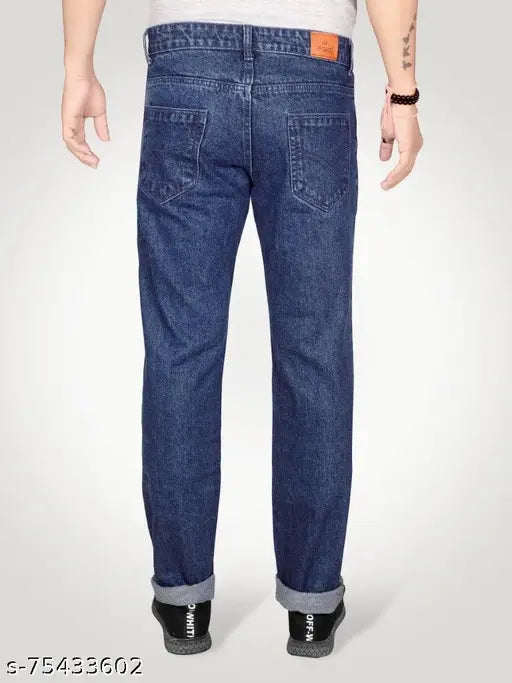 Just black men's straight dark blue jeans, non-stretchable regular fit cotton pants with solid pattern for men, size 32/34/36/38/40/42/44/46/48