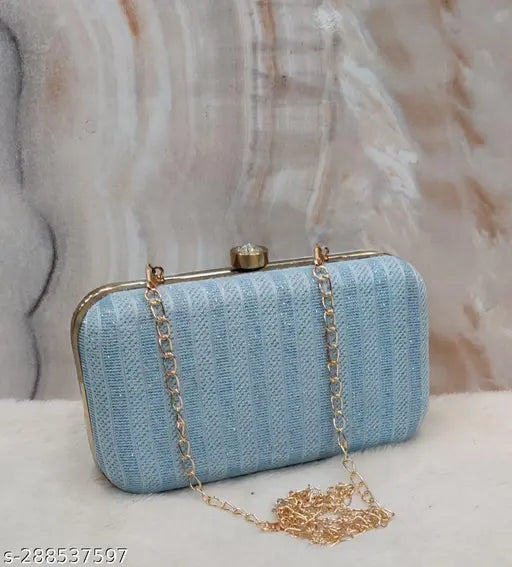 Blue velvet box clutch with long chain, suitable for bridal wear