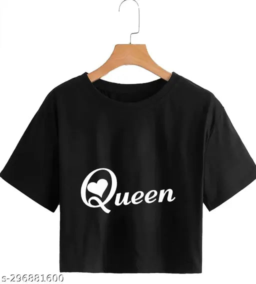 Women's black crop top with Queen band logo, cotton blend fabric, short sleeves, vintage rock style