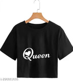 Women's black crop top with Queen band logo, cotton blend fabric, short sleeves, vintage rock style