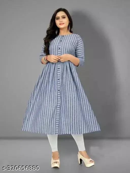 Traditional blue cotton Anarkali printed kurti for women, festive wear with three-quarter sleeves and striped print design. Perfect for casual, office, kitty parties, weekends, Raksha Bandhan. Lightweight cotton ensures comfort