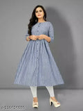 Traditional blue cotton Anarkali printed kurti for women, festive wear with three-quarter sleeves and striped print design. Perfect for casual, office, kitty parties, weekends, Raksha Bandhan. Lightweight cotton ensures comfort