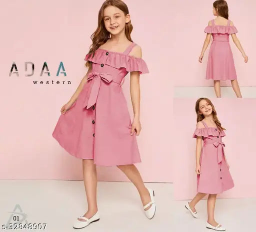 Pink ruffle off-shoulder dress with bow on front, knee-length